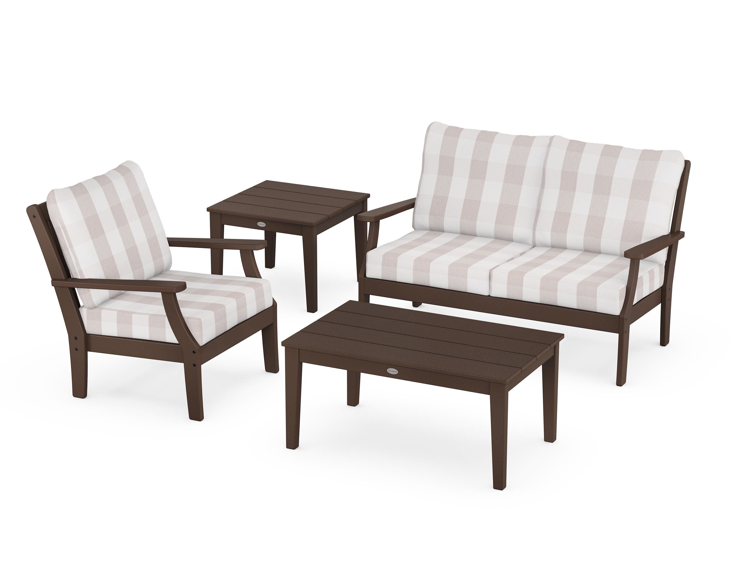 POLYWOOD® Braxton 4-Piece Deep Seating Set in Mahogany / Buffalo Plaid Dune Burlap