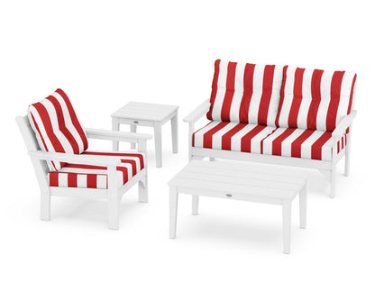 POLYWOOD® Vineyard 4-Piece Deep Seating Set in White / Cabana Stripe Crimson