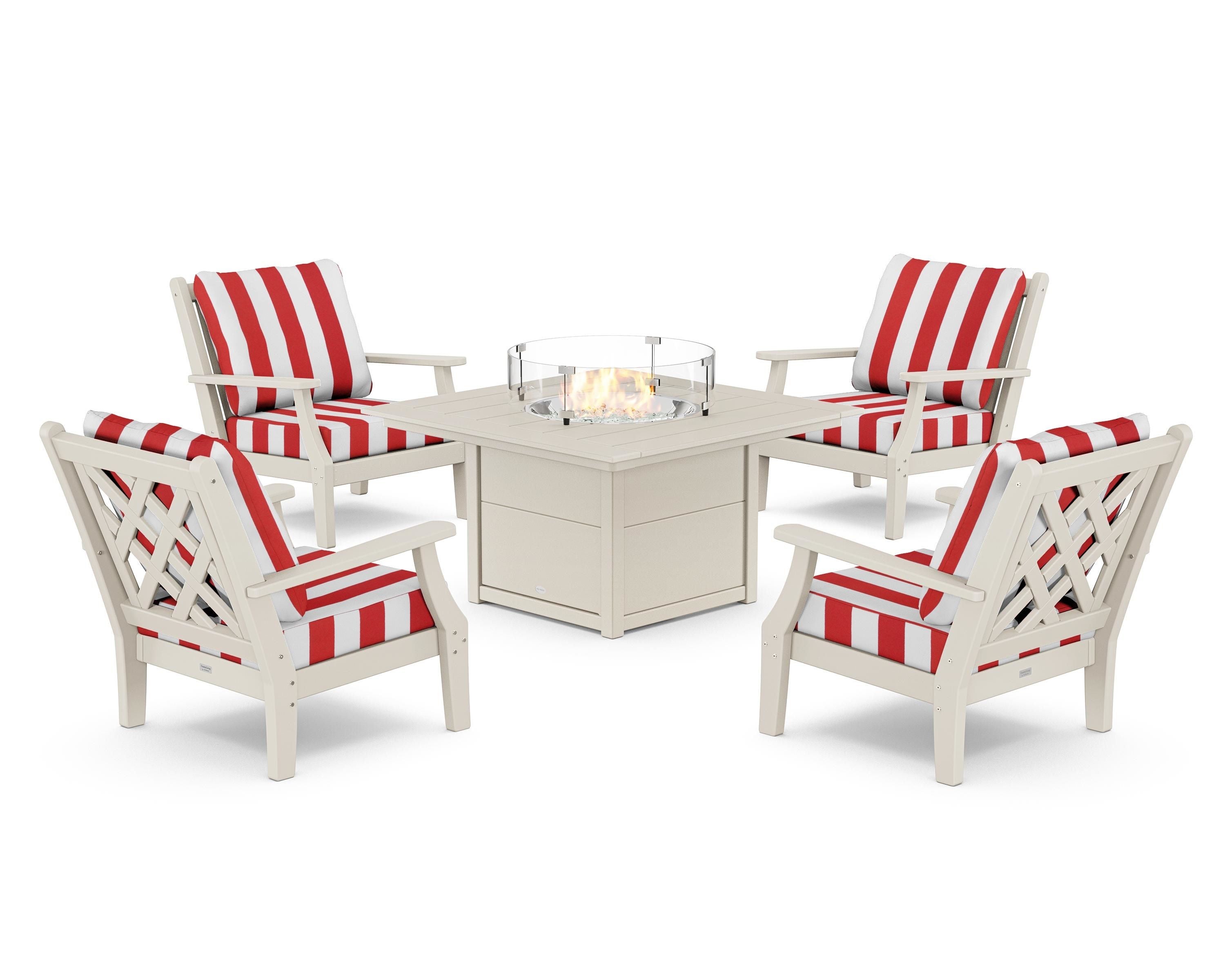 Country Living Wovendale 5-Piece Deep Seating Set with Fire Pit Table in Sand / Cabana Stripe Crimson
