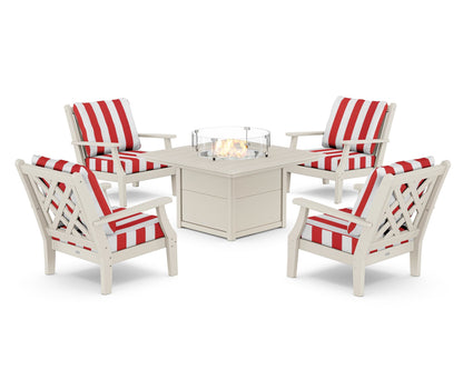 Country Living Wovendale 5-Piece Deep Seating Set with Fire Pit Table in Sand / Cabana Stripe Crimson