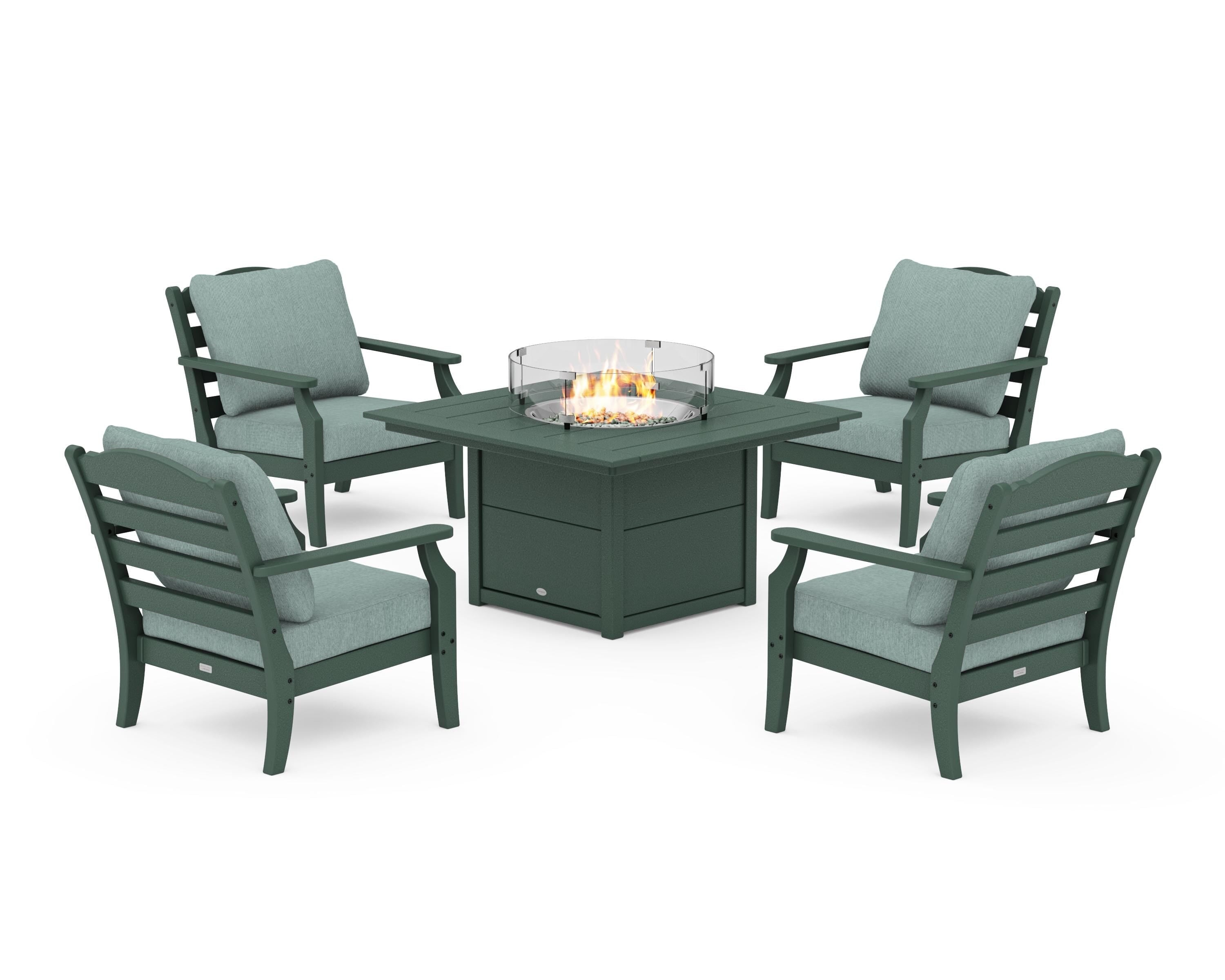 Draper James™ by  POLYWOOD® Savannah 5-Piece Deep Seating Set with Fire Pit Table in Green / Glacier Spa