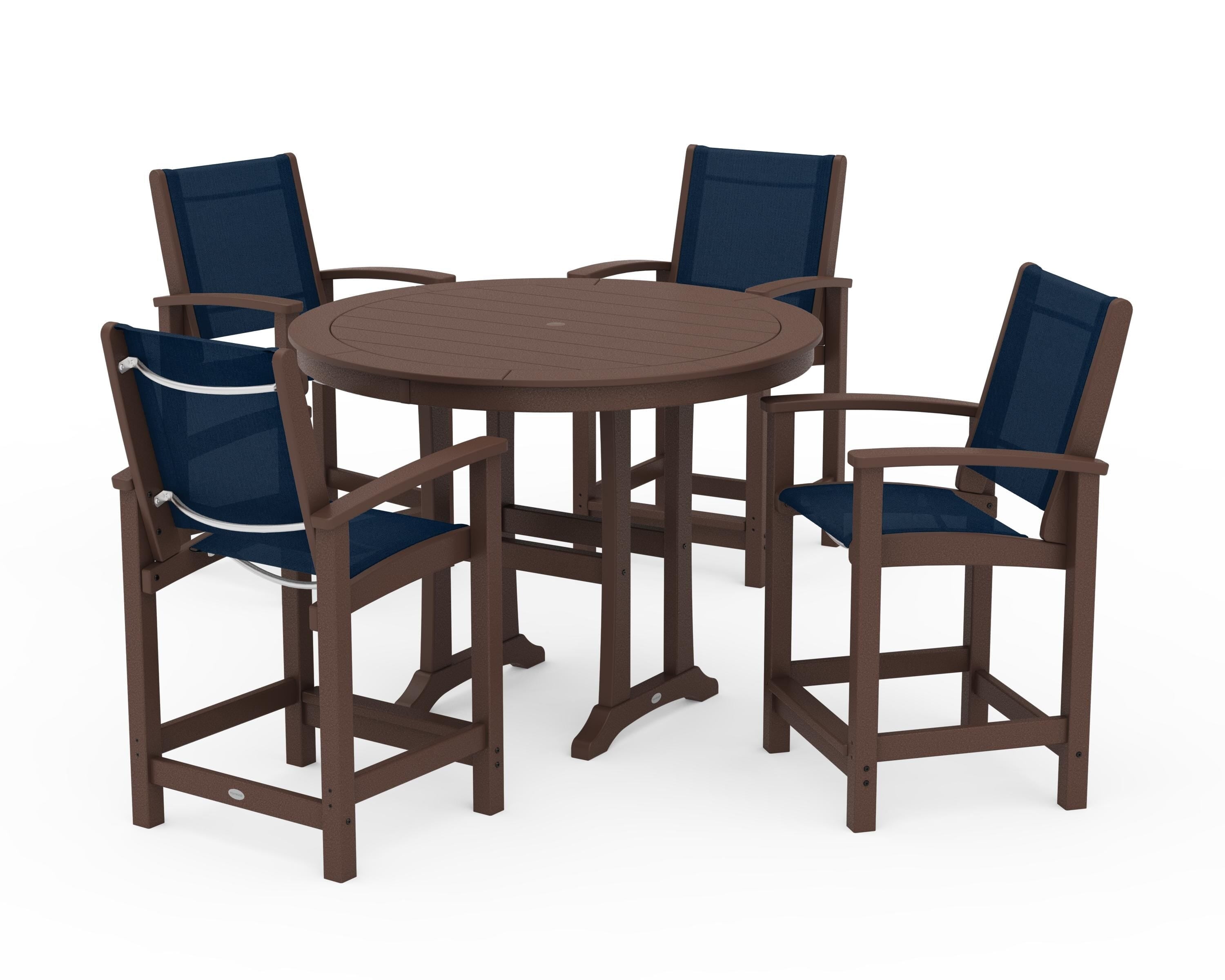 POLYWOOD® Coastal 5-Piece Counter Set in Mahogany / Navy Blue Sling