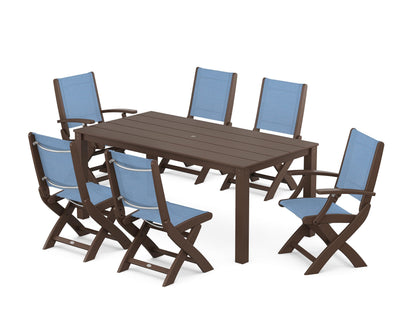 POLYWOOD® Coastal Folding Chair 7-Piece Parsons Dining Set in Mahogany / Poolside Sling