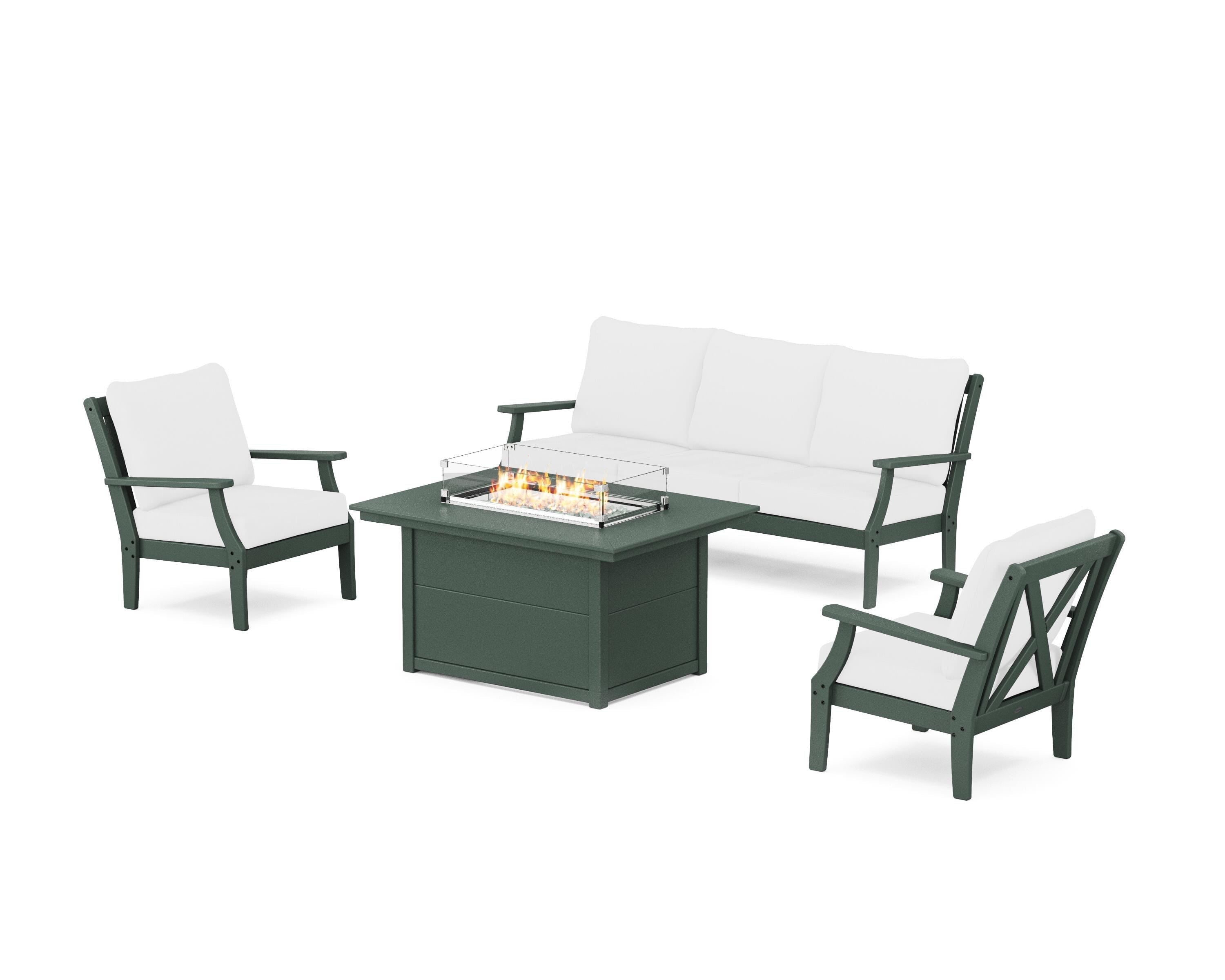 POLYWOOD® Braxton Deep Seating Fire Pit Table Set in Green / Natural
