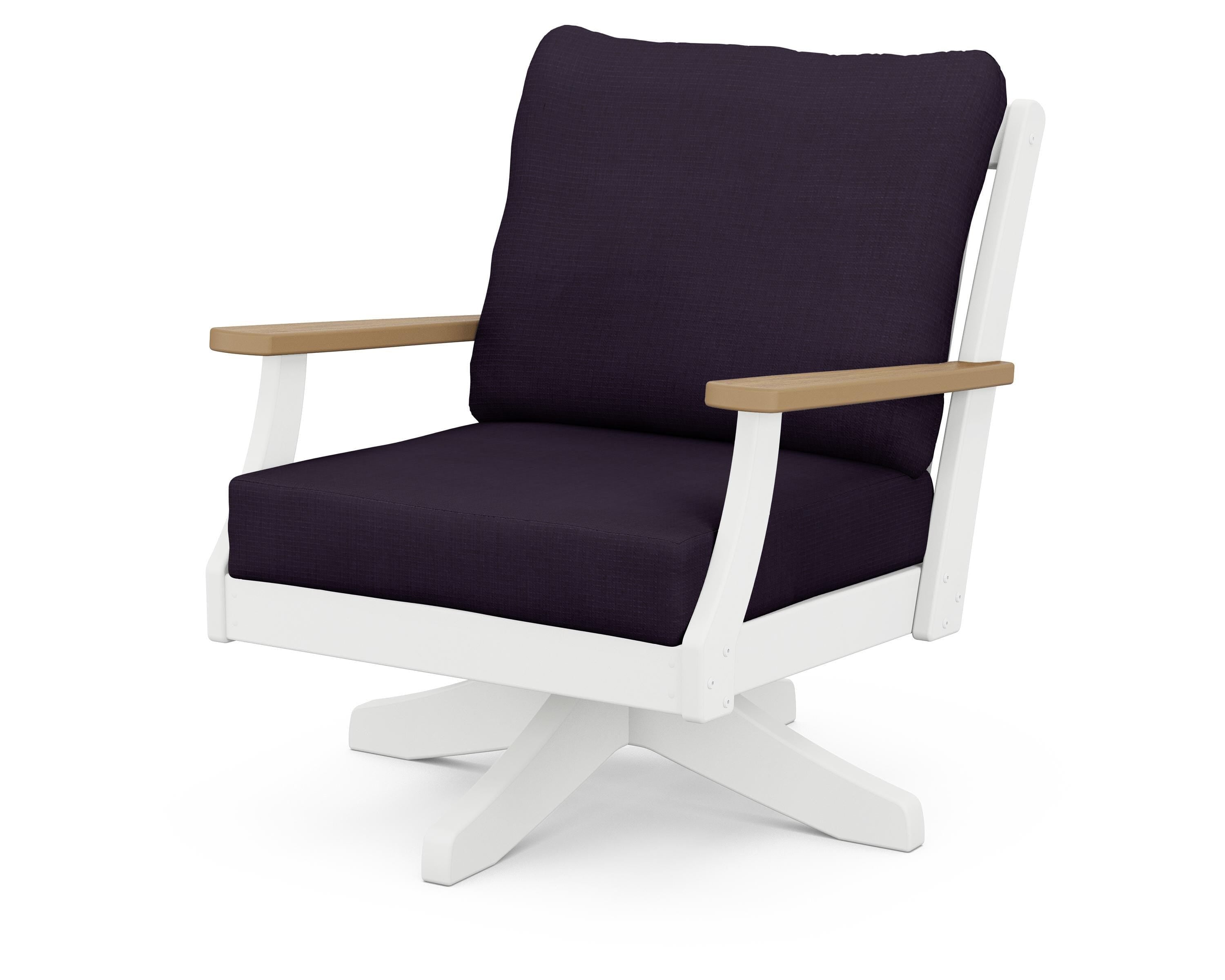 POLYWOOD® Braxton Deep Seating Swivel Chair in White / Natural / Navy Linen