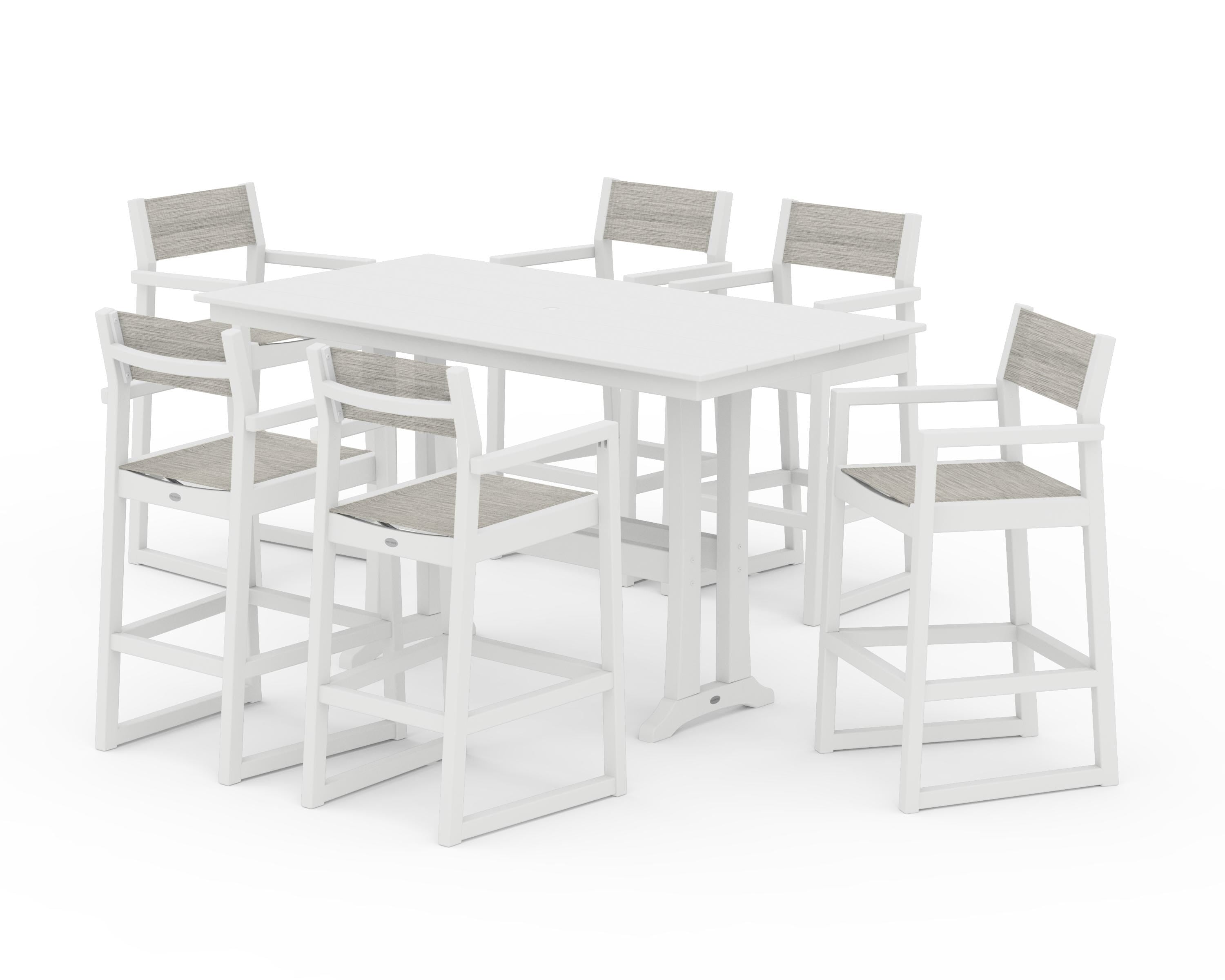 POLYWOOD® EDGE Sling Arm Chair 7-Piece Farmhouse Bar Set with Trestle Legs in White / Birch Sling