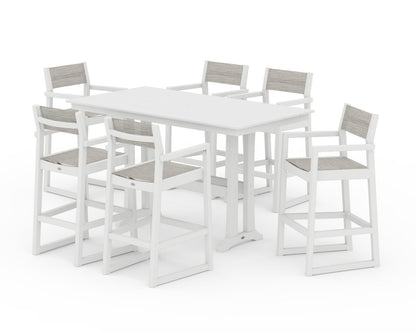 POLYWOOD® EDGE Sling Arm Chair 7-Piece Farmhouse Bar Set with Trestle Legs in White / Birch Sling