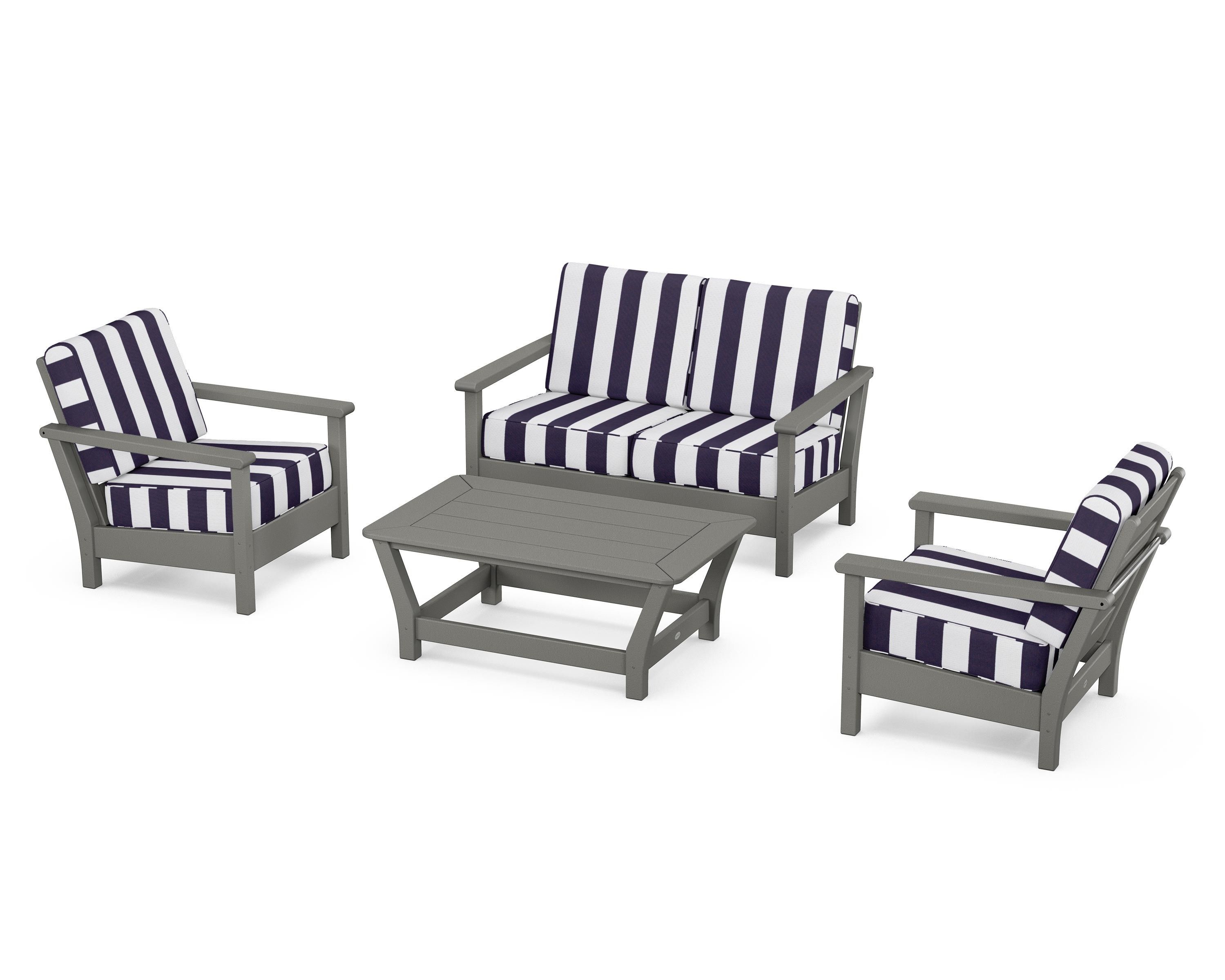 POLYWOOD® Harbour 4-Piece Deep Seating Set in Slate Grey / Cabana Stripe Navy