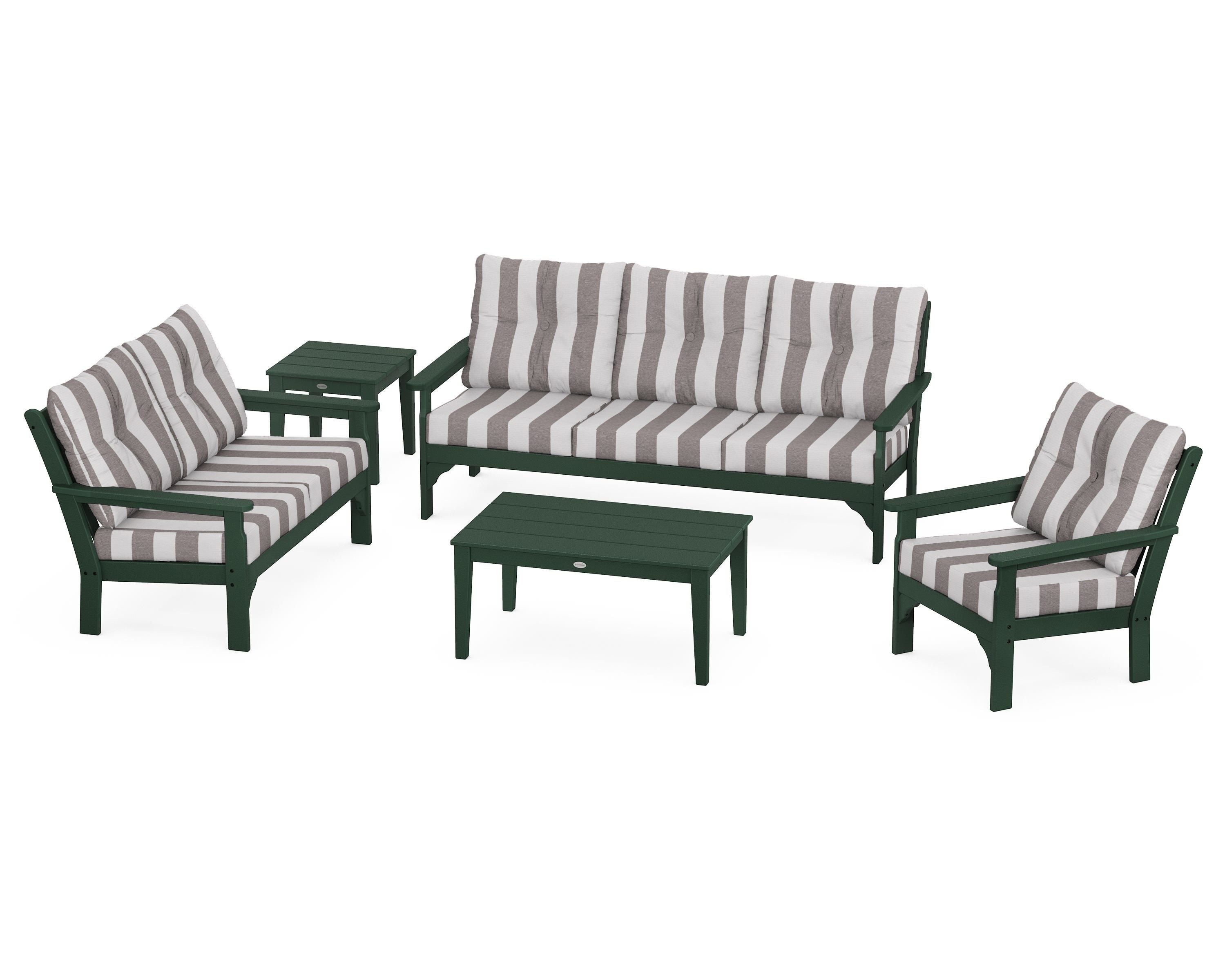 POLYWOOD® Vineyard 5 Piece Deep Seating Set in Green / Cabana Stripe Grey Mist