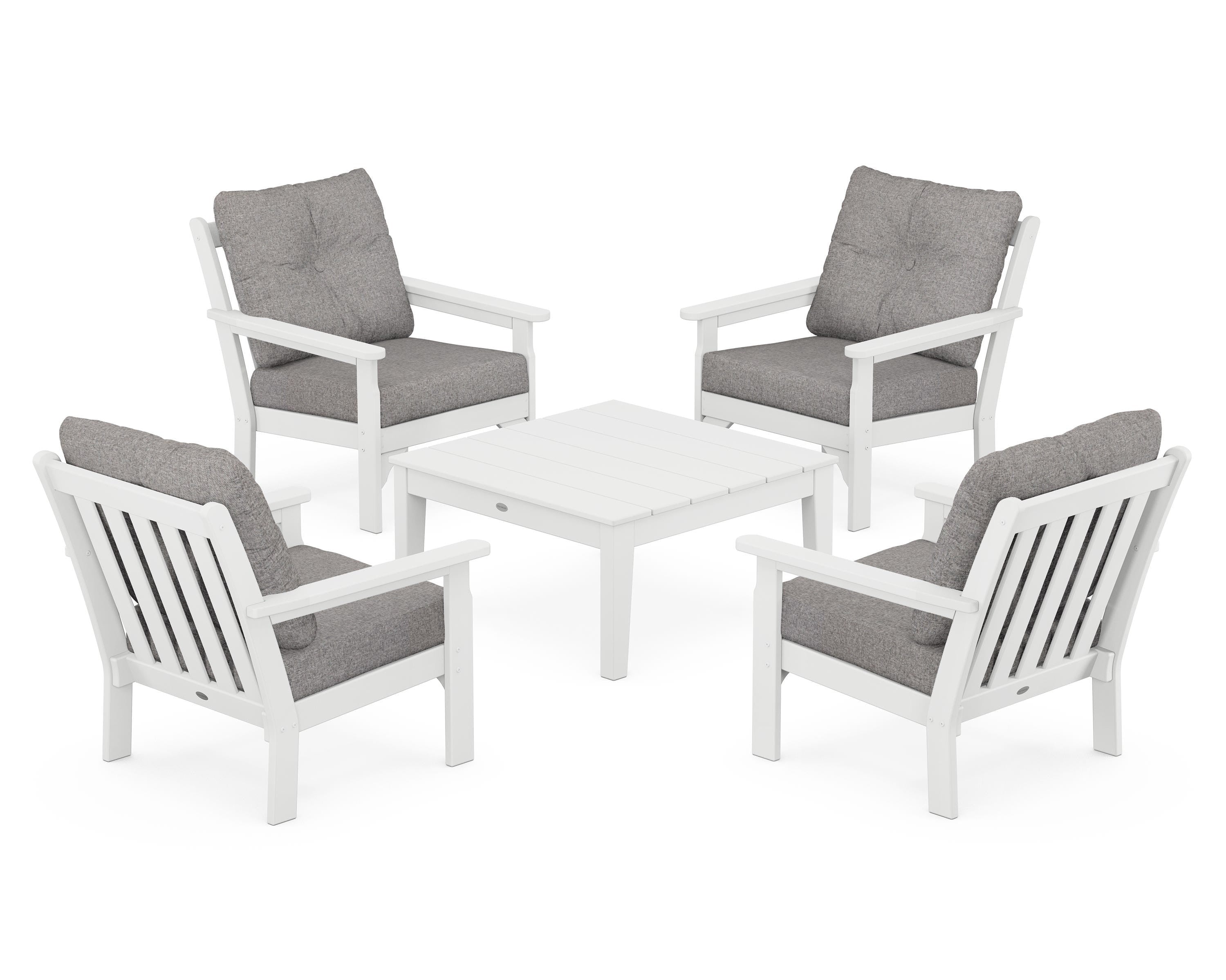 POLYWOOD® Vineyard 5-Piece Deep Seating Conversation Set in White / Grey Mist
