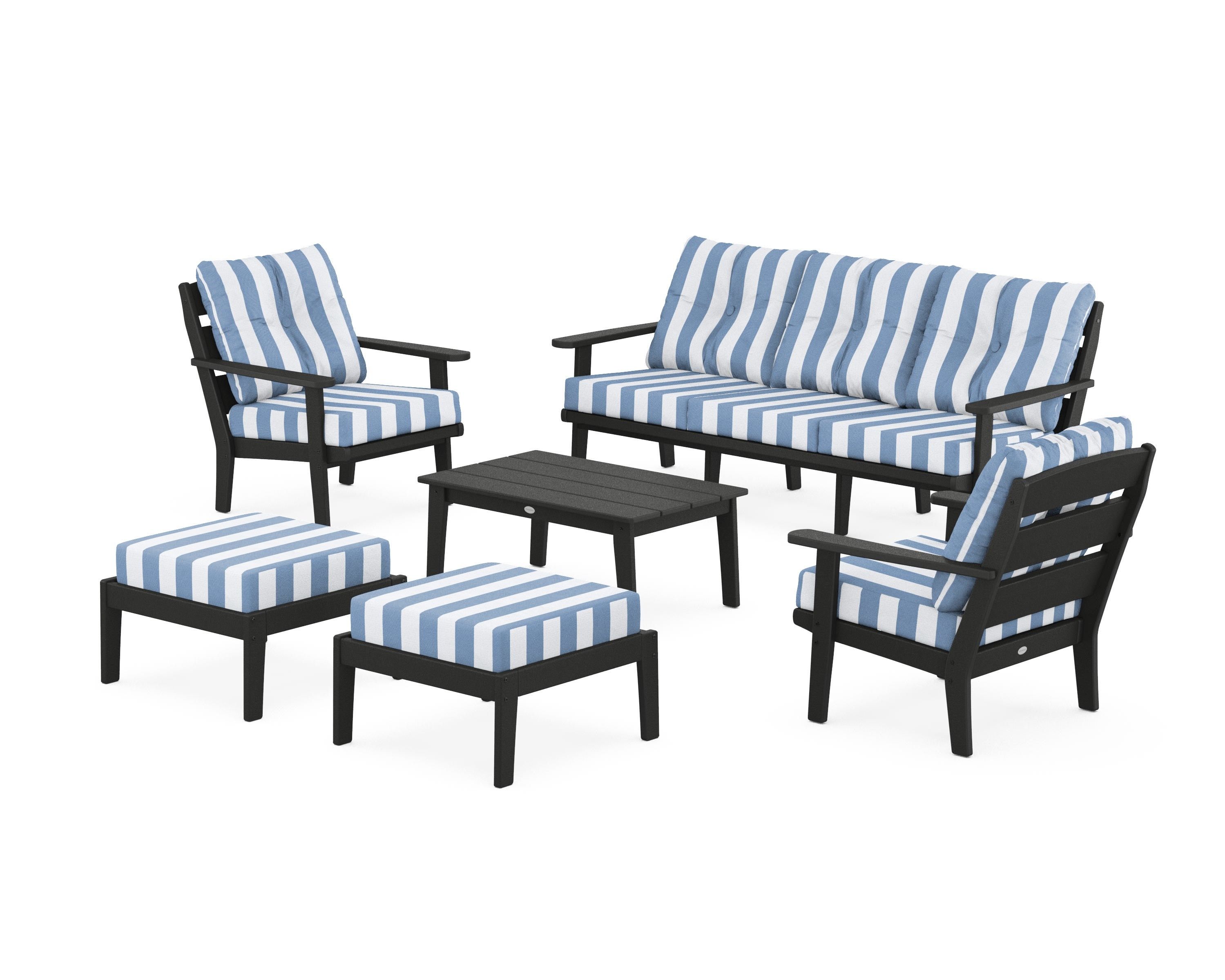 POLYWOOD® Lakeside 6-Piece Lounge Sofa Set in Black / Cabana Stripe Sky Blue