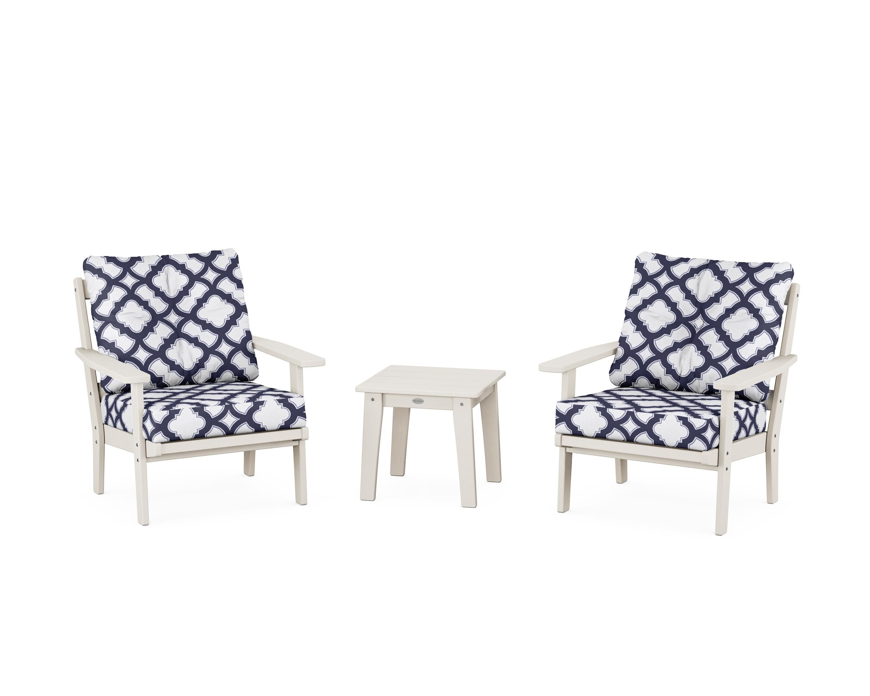 POLYWOOD® Oxford 3-Piece Deep Seating Set in Sand / Trellis Navy