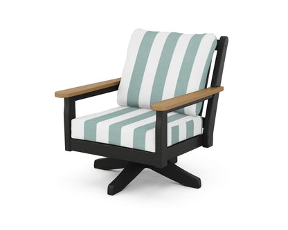 POLYWOOD® Chippendale Deep Seating Swivel Chair in Black / Natural / Cabana Stripe Glacier Spa