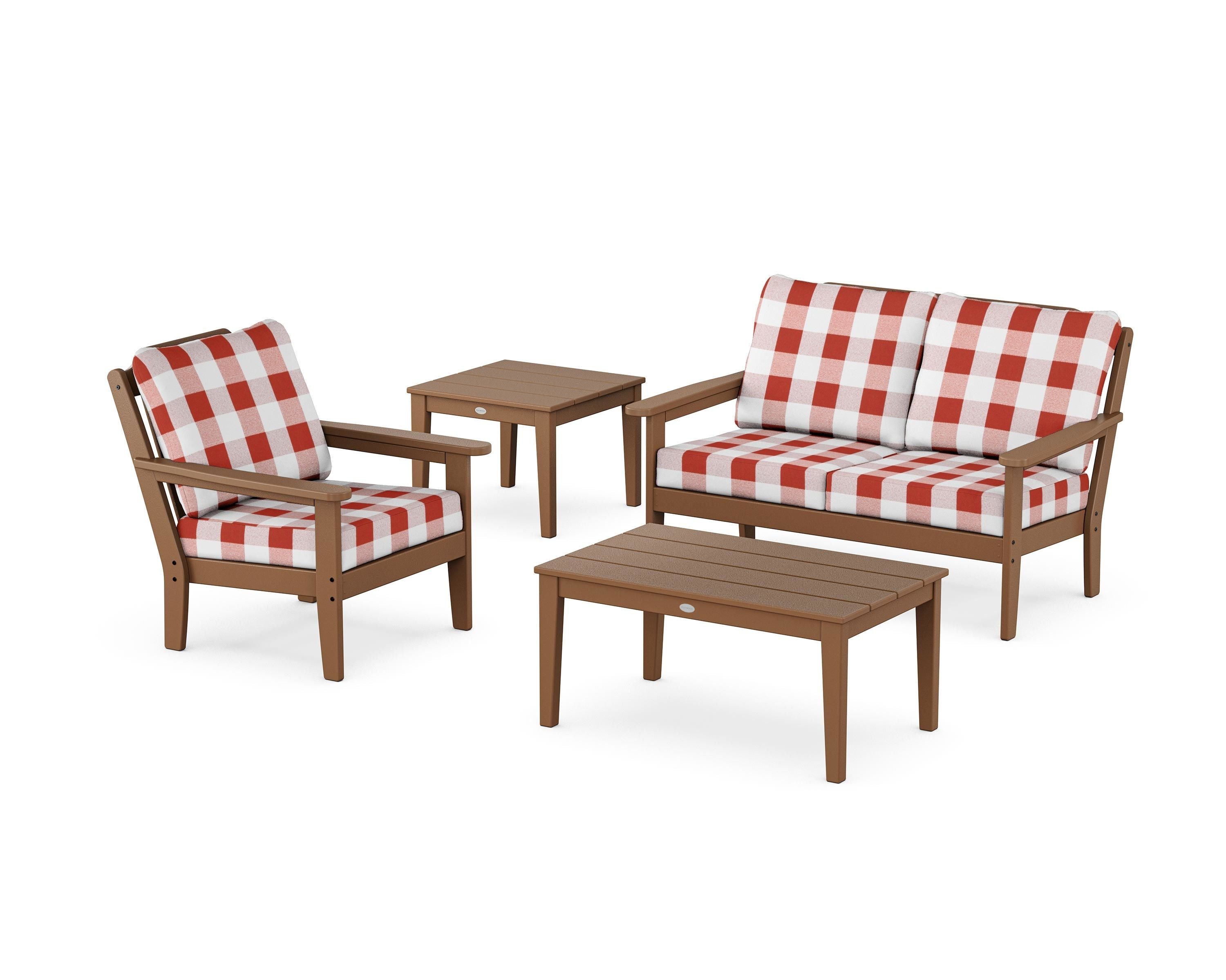 Country Living Wovendale 4-Piece Deep Seating Set in Teak / Buffalo Plaid Crimson