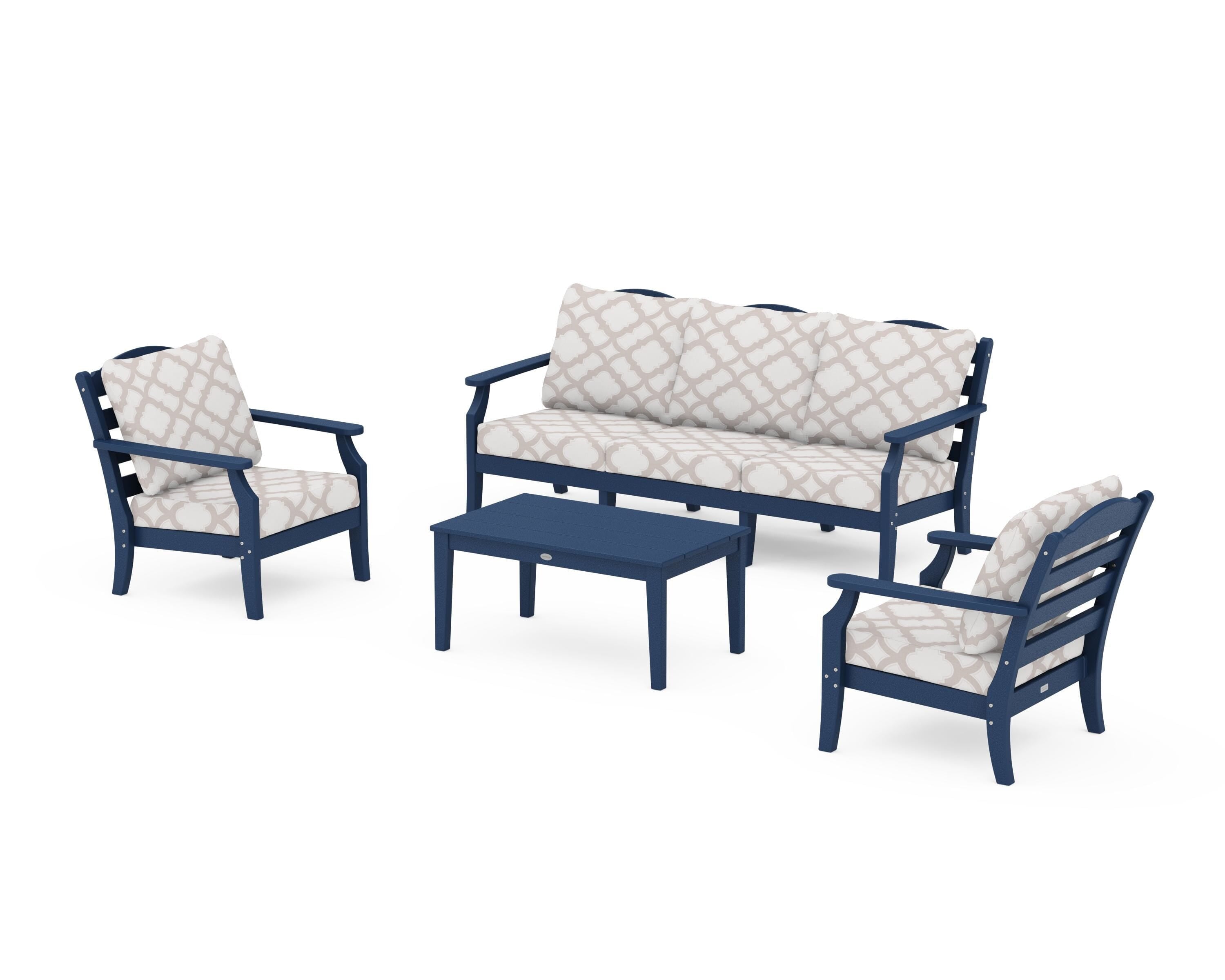 Draper James™ by  POLYWOOD® Savannah 4-Piece Deep Seating Set with Sofa in Navy / Trellis Dune Burlap