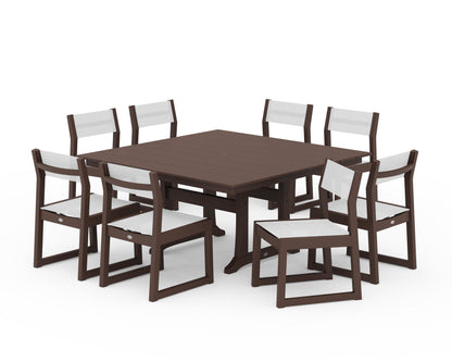 POLYWOOD® EDGE Sling Side Chair 9-Piece Farmhouse Trestle Dining Set in Mahogany / White Sling