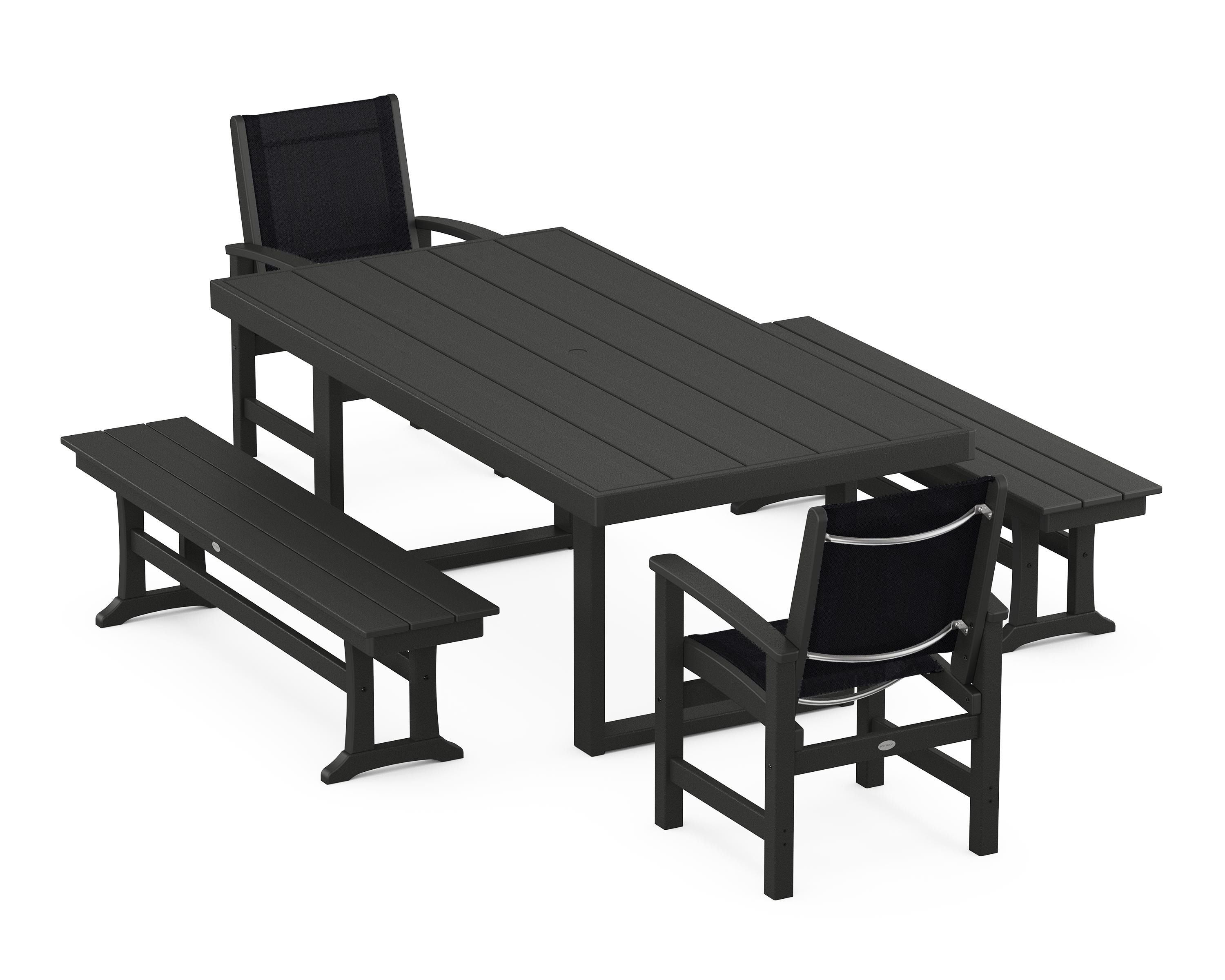 POLYWOOD® Coastal 5-Piece Dining Set with Trestle Legs in Black / Black Sling