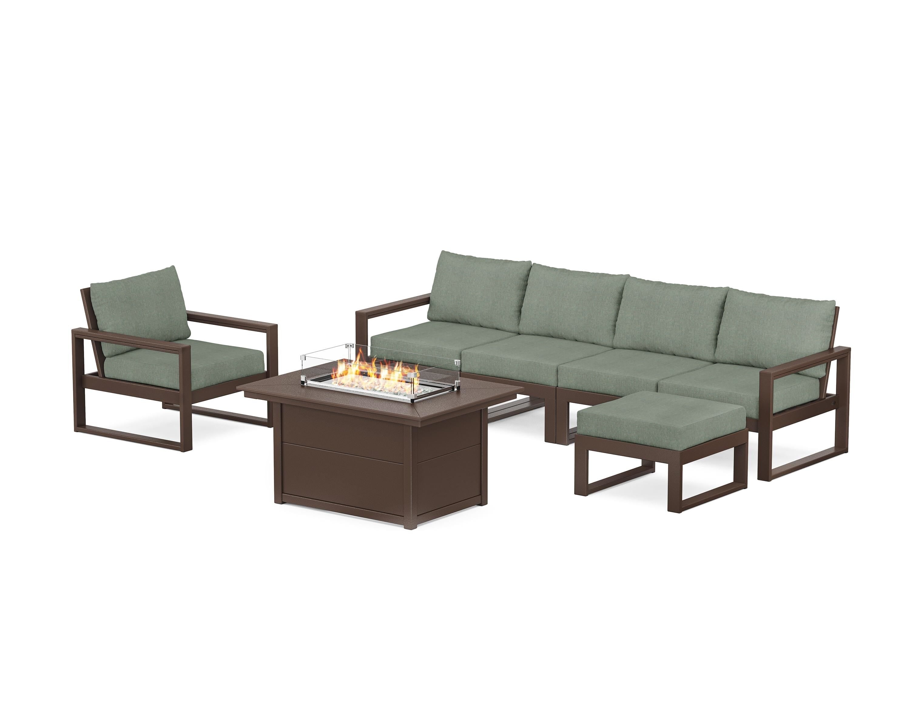 POLYWOOD® EDGE Sectional Lounge and Fire Pit Set in Mahogany / Cast Sage