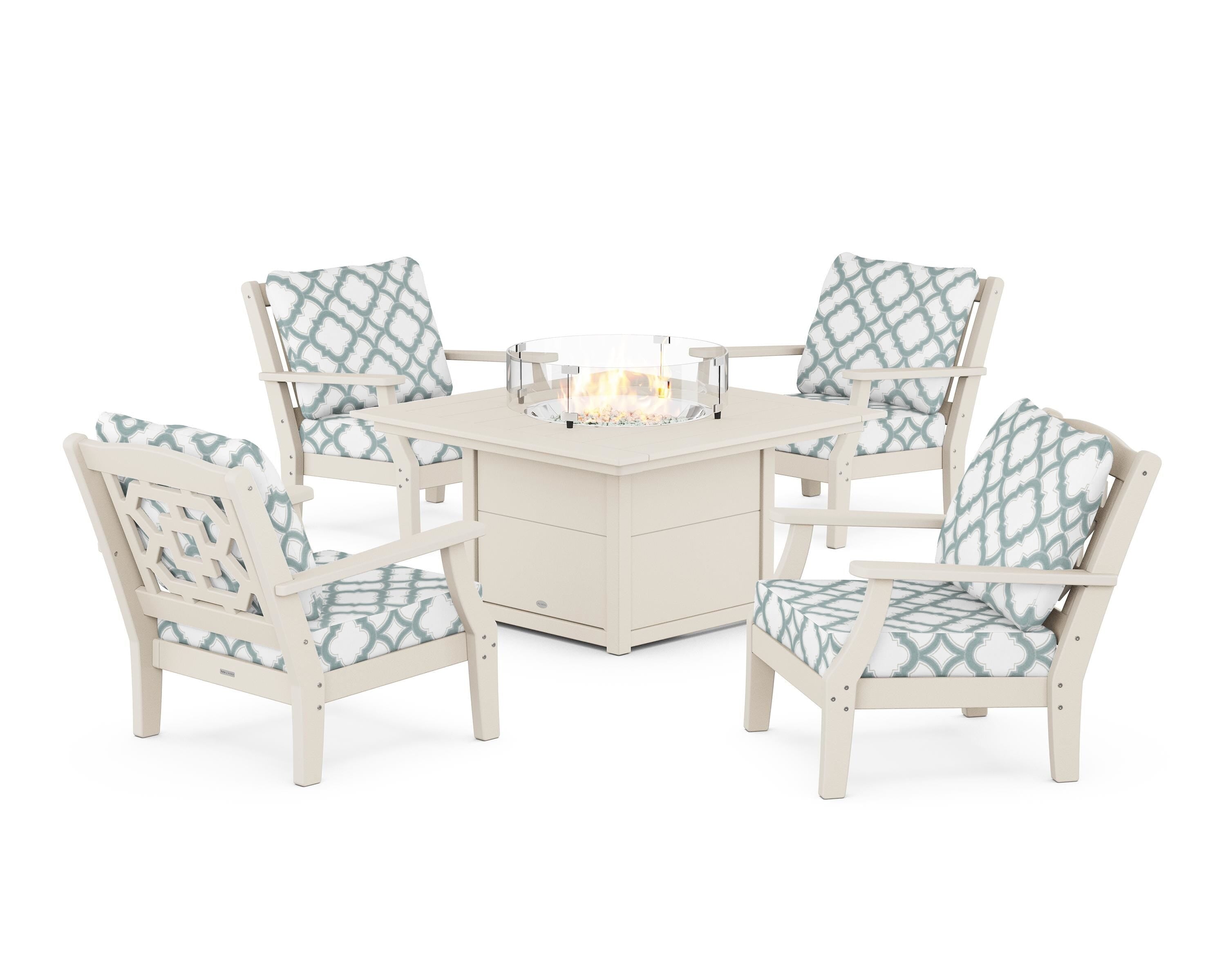 Martha Stewart by POLYWOOD® Chinoiserie 5-Piece Deep Seating Set with Fire Pit Table in Sand / Trellis Glacier Spa