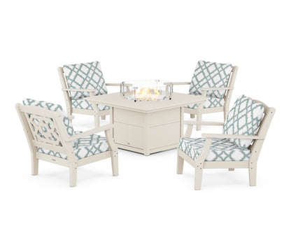 Martha Stewart by POLYWOOD® Chinoiserie 5-Piece Deep Seating Set with Fire Pit Table in Sand / Trellis Glacier Spa