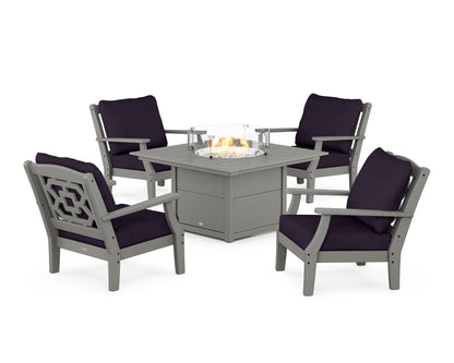 Martha Stewart by POLYWOOD® Chinoiserie 5-Piece Deep Seating Set with Fire Pit Table in Slate Grey / Navy Linen
