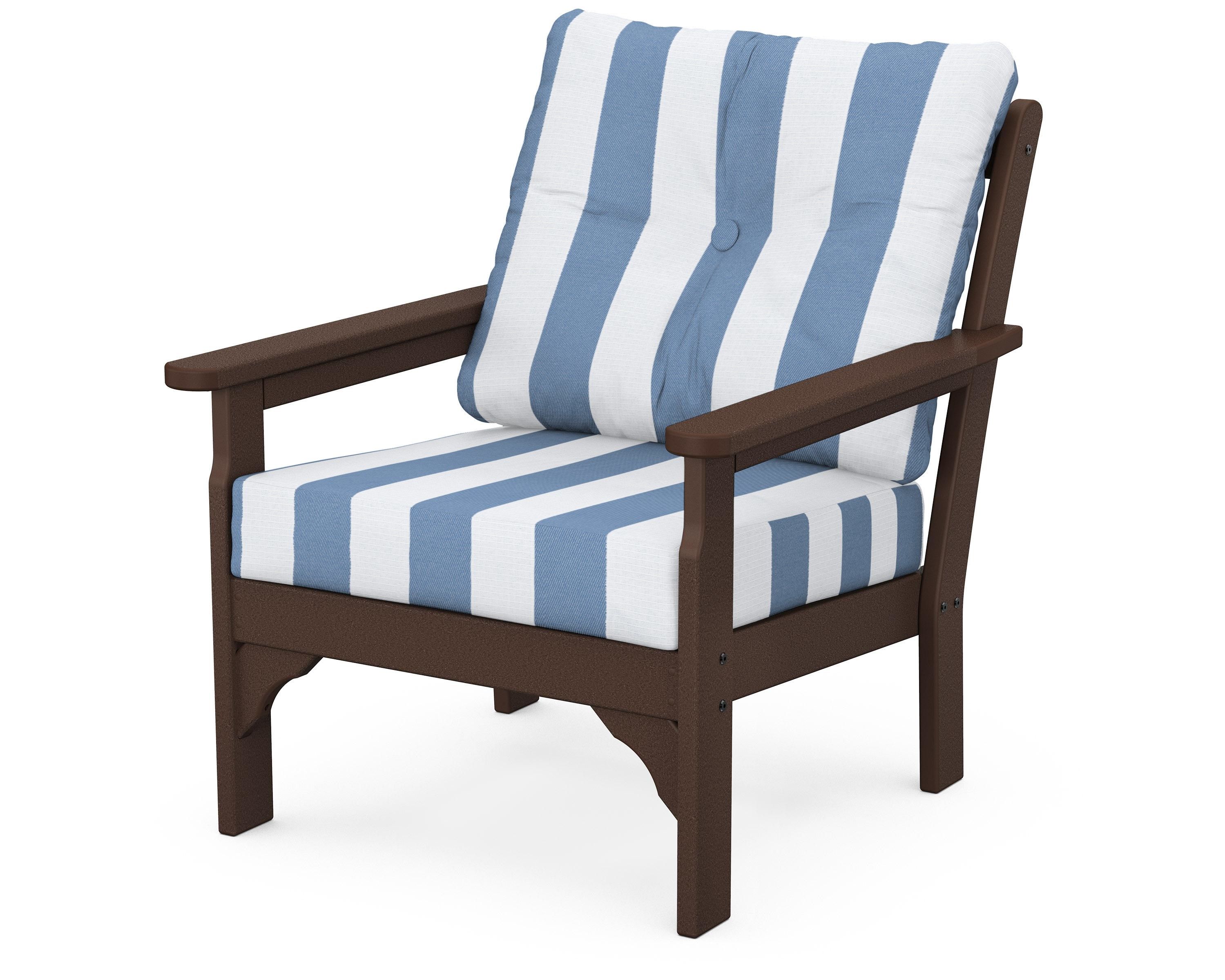 POLYWOOD® Vineyard Deep Seating Chair in Mahogany / Cabana Stripe Sky Blue
