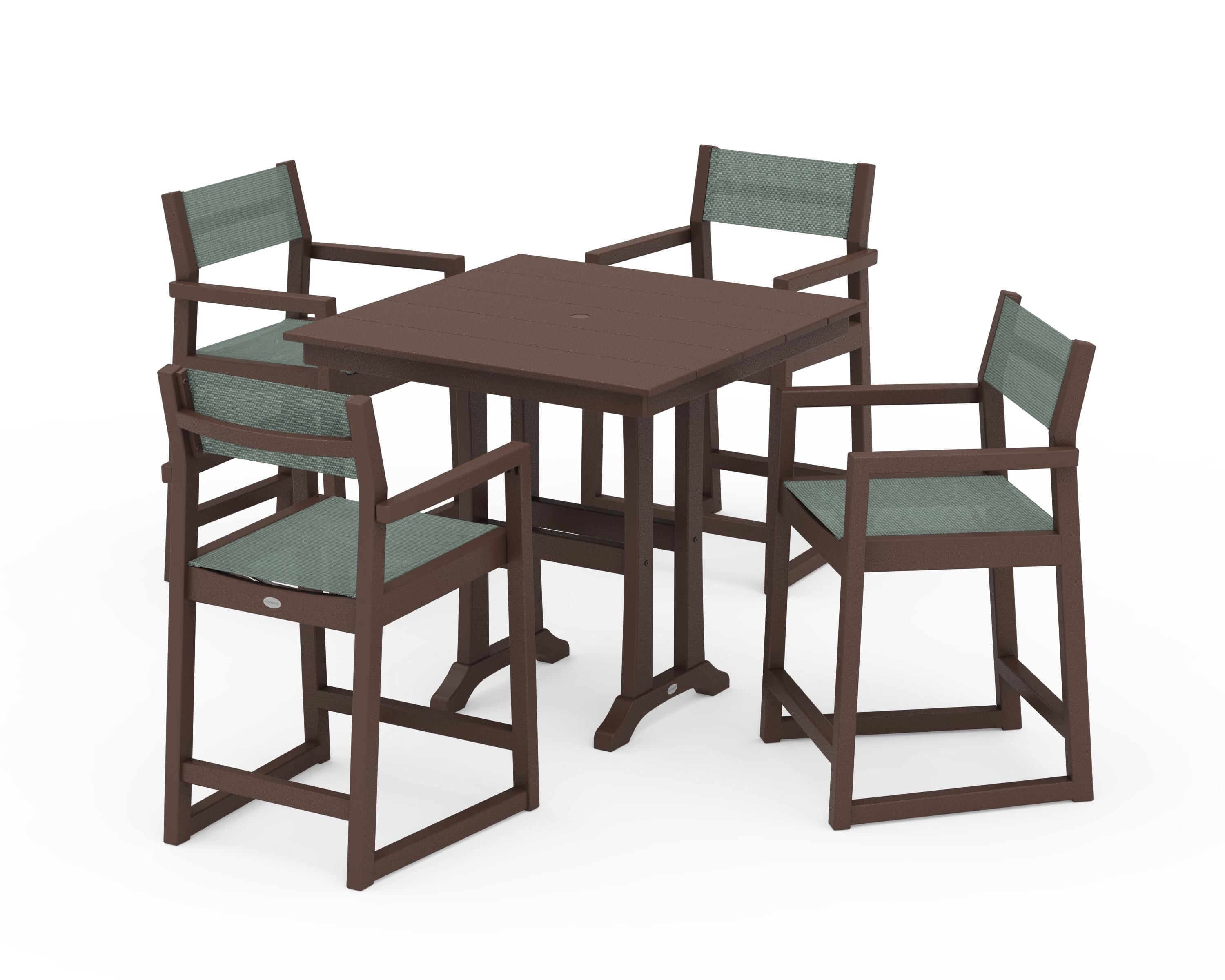 POLYWOOD® EDGE Sling Arm Chair 5-Piece Farmhouse Counter Set with Trestle Legs in Mahogany / Dupioni Sea Mist Sling