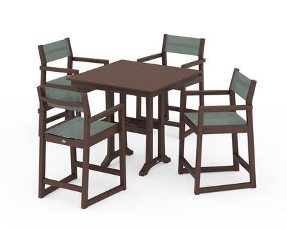 POLYWOOD® EDGE Sling Arm Chair 5-Piece Farmhouse Counter Set with Trestle Legs in Mahogany / Dupioni Sea Mist Sling
