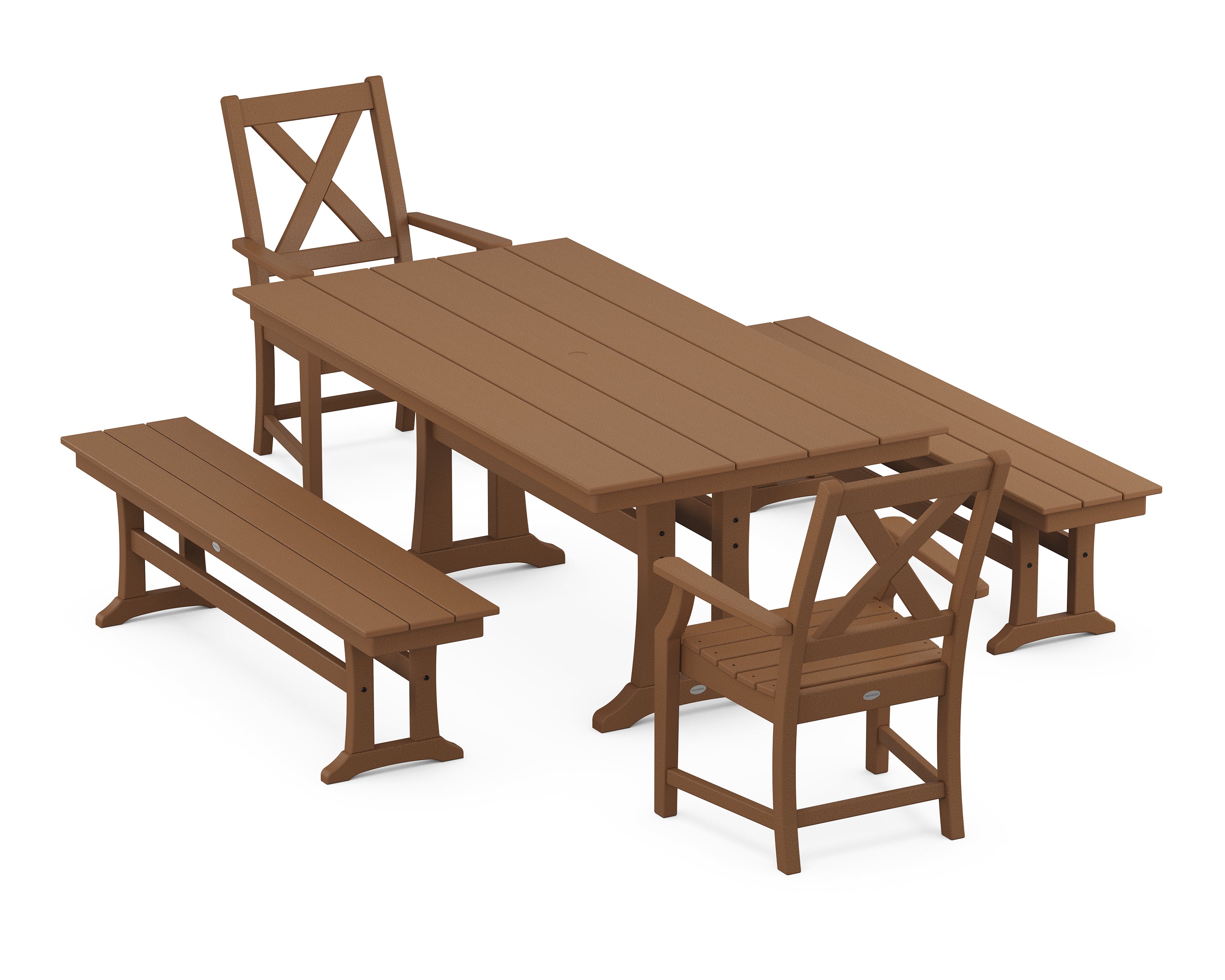 POLYWOOD® Braxton 5-Piece Farmhouse Dining Set With Trestle Legs in Teak