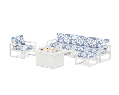 POLYWOOD® EDGE Sectional Lounge and Fire Pit Set in White / Leaf Sky Blue