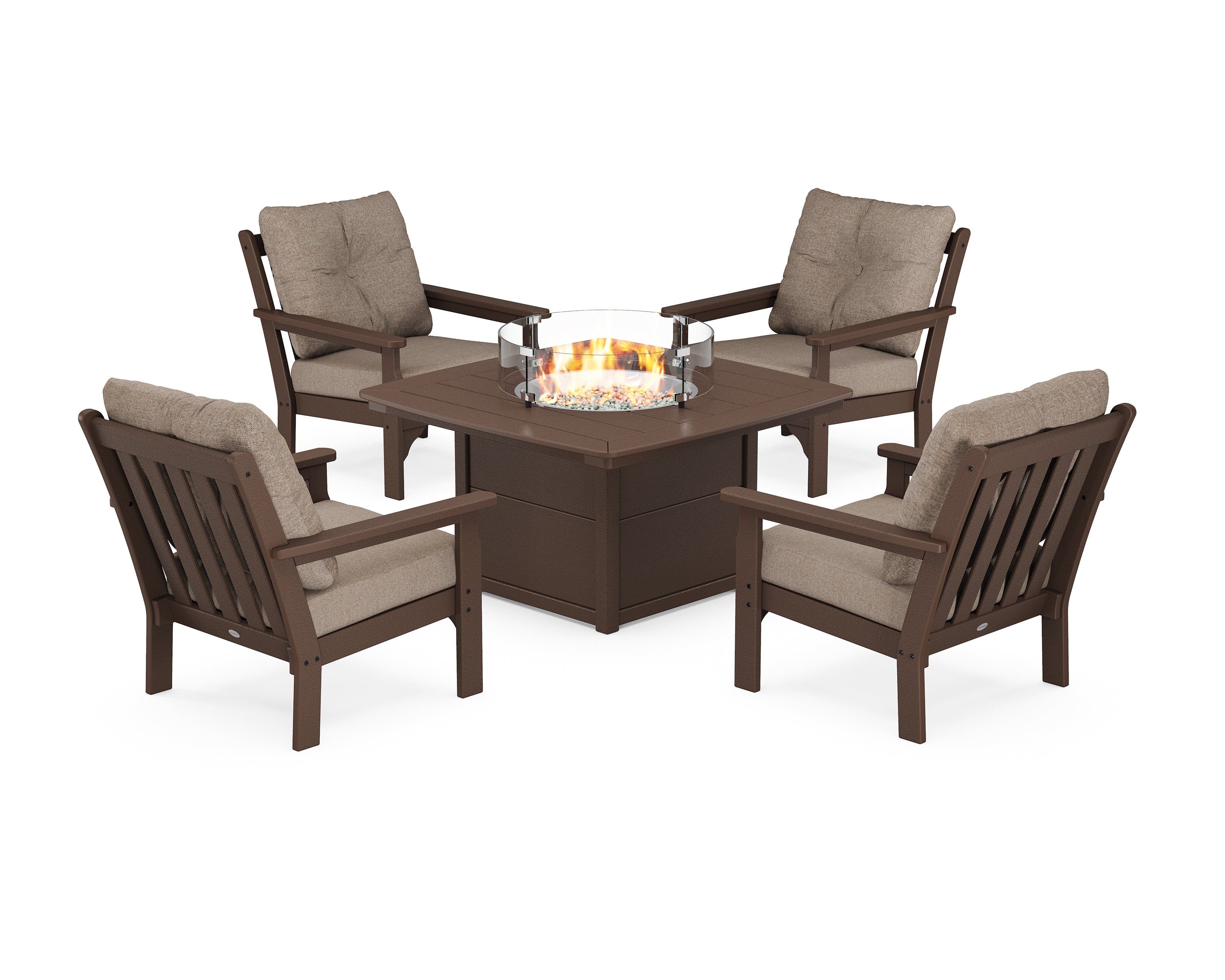 POLYWOOD® Vineyard 5-Piece Conversation Set with Fire Pit Table in Mahogany / Spiced Burlap