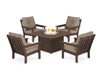 POLYWOOD® Vineyard 5-Piece Conversation Set with Fire Pit Table in Mahogany / Spiced Burlap