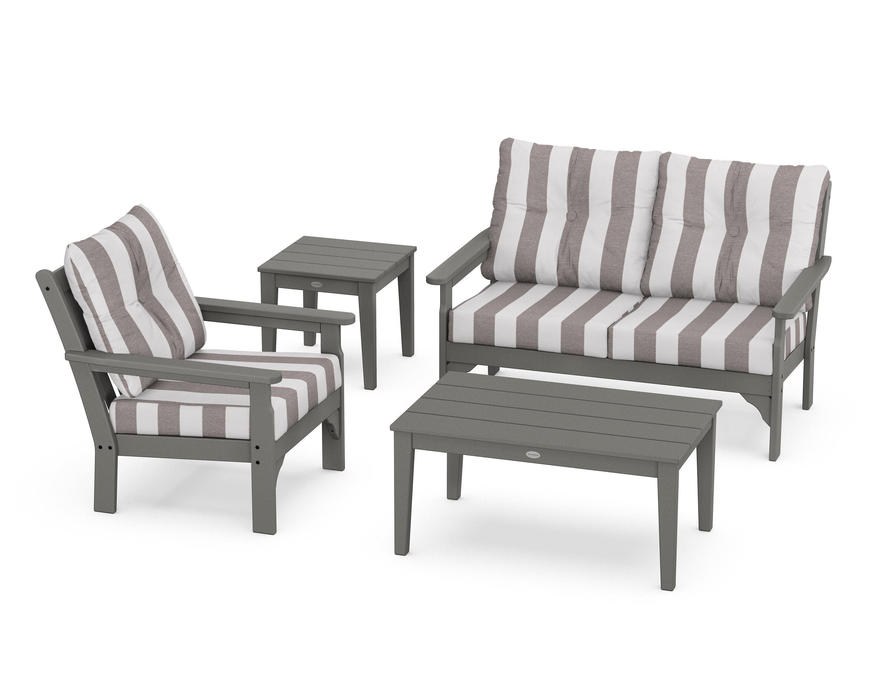 POLYWOOD® Vineyard 4-Piece Deep Seating Set in Slate Grey / Cabana Stripe Grey Mist