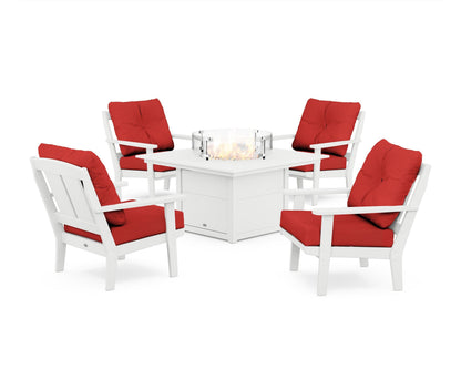POLYWOOD® Mission 5-Piece Deep Seating Set with Fire Pit Table in White / Crimson Linen