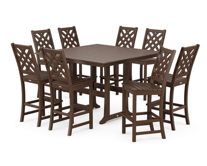 Country Living Wovendale Side Chair 9-Piece Square Farmhouse Bar Set with Trestle Legs in Mahogany