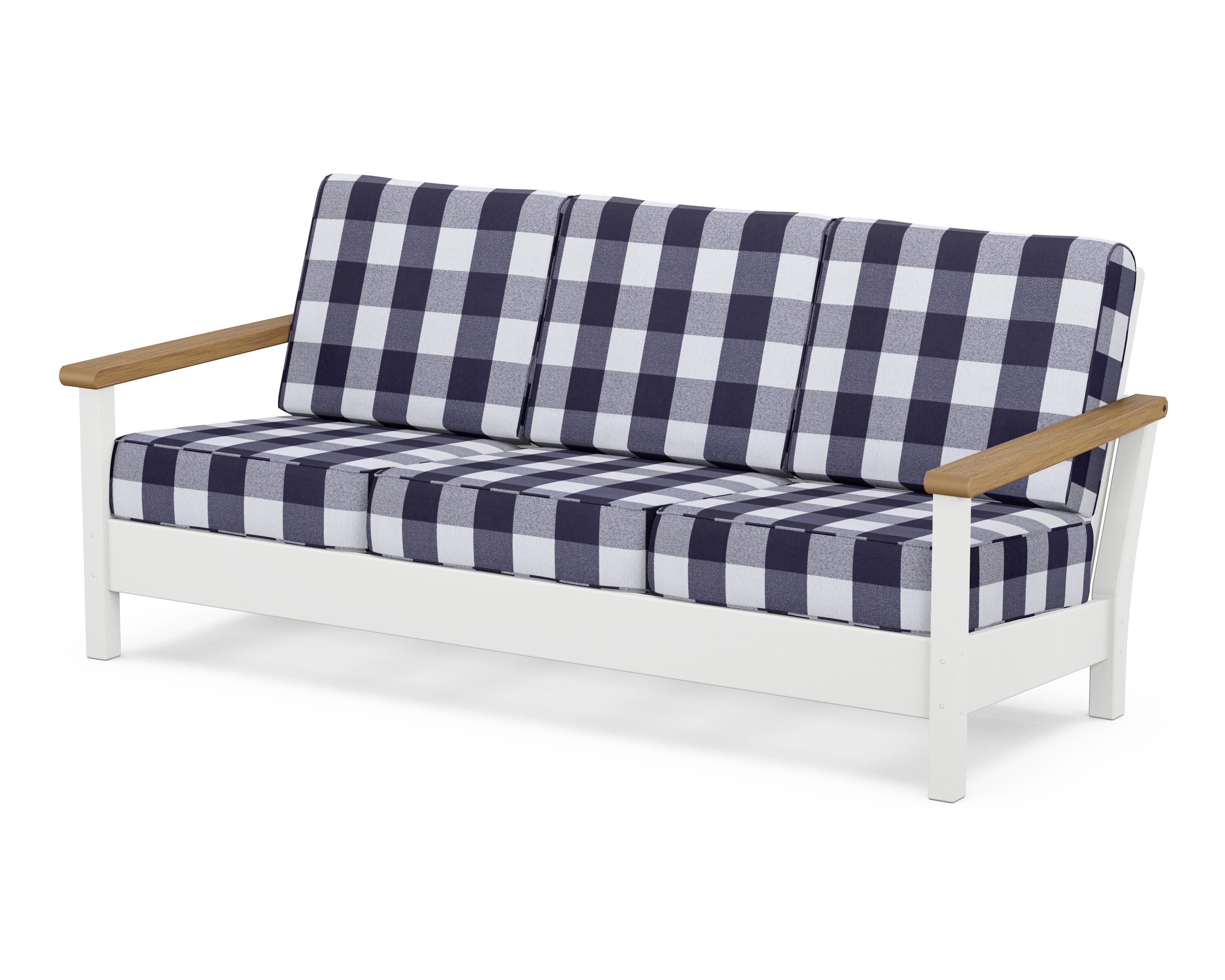 POLYWOOD® Harbour Deep Seating Sofa in White / Natural / Buffalo Plaid Navy