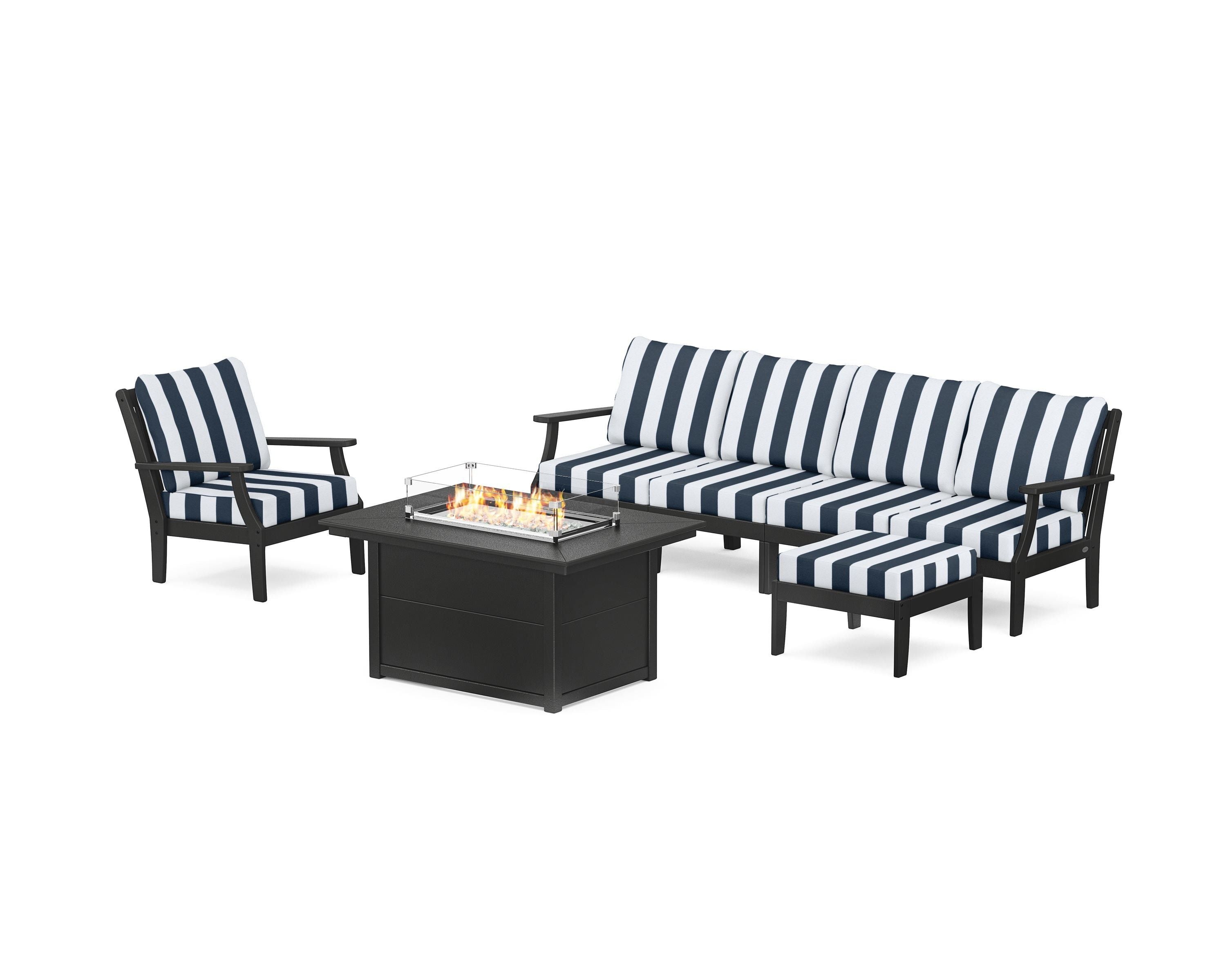 POLYWOOD® Braxton Sectional Lounge and Fire Pit Set in Black / Cabana Stripe Marine Indigo