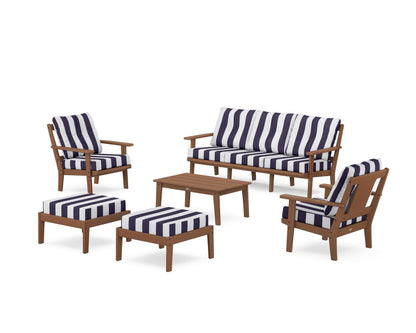 POLYWOOD® Prairie 6-Piece Lounge Sofa Set in Teak / Cabana Stripe Navy