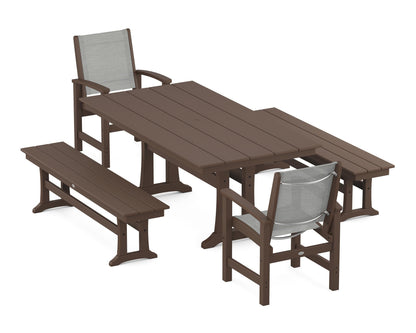 POLYWOOD® Coastal 5-Piece Farmhouse Dining Set with Trestle Legs and Benches in Mahogany / Metallic Sling