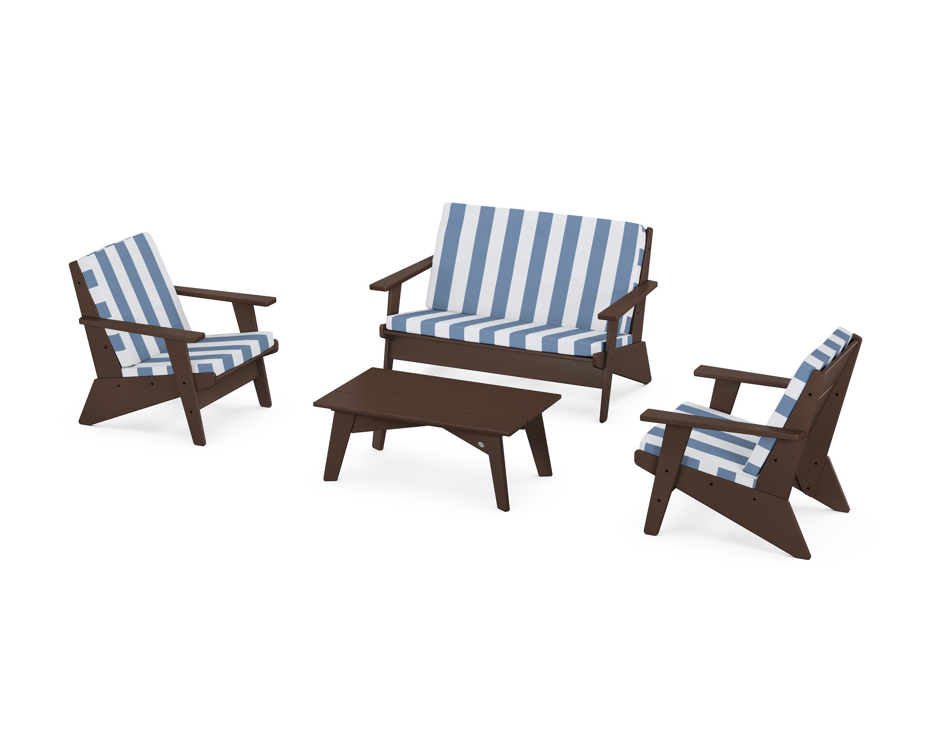 POLYWOOD® Riviera Modern Lounge 4-Piece Set in Mahogany / Cabana Stripe Sky Blue
