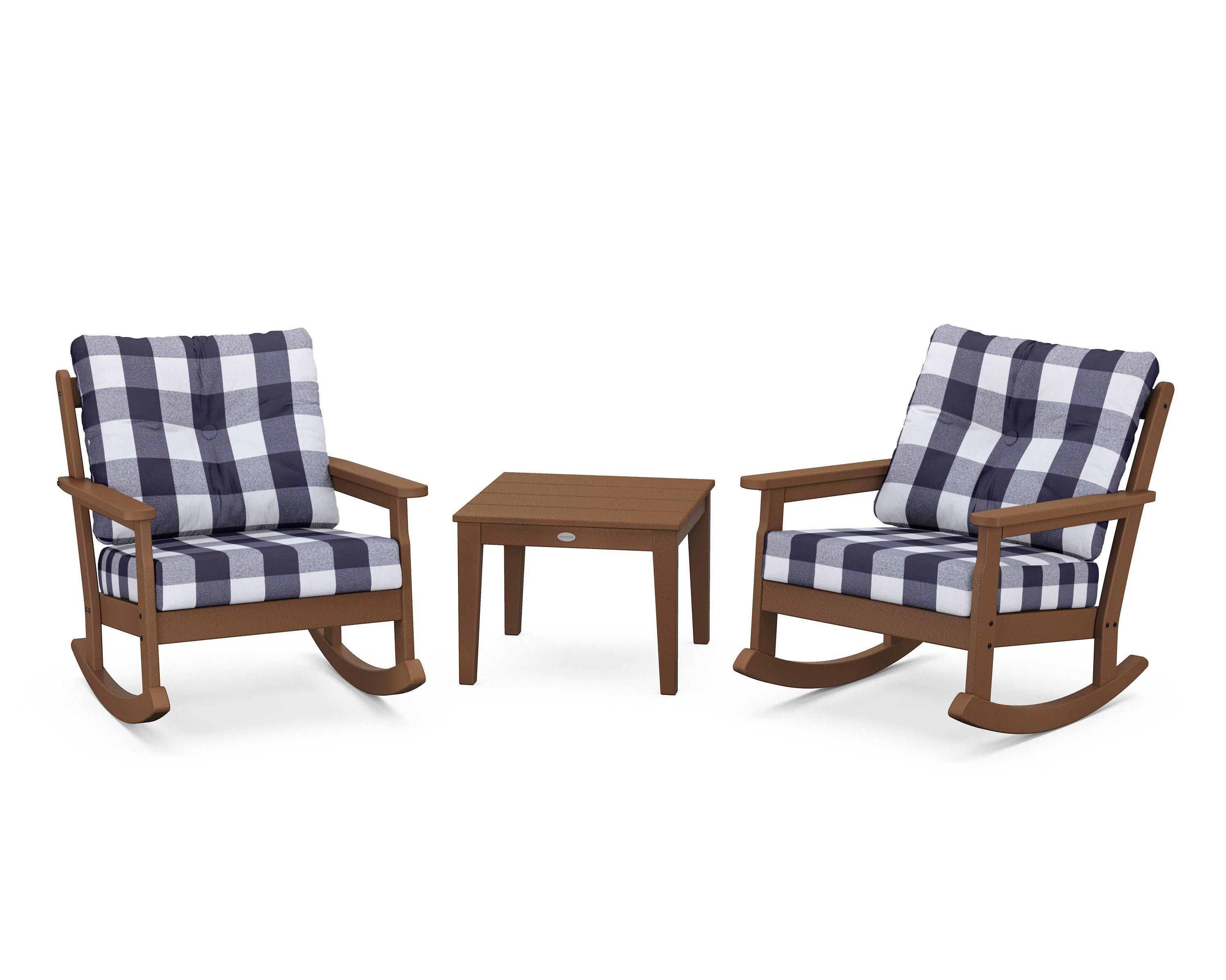POLYWOOD® Vineyard 3-Piece Deep Seating Rocker Set in Teak / Buffalo Plaid Navy