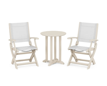 POLYWOOD® Coastal Folding 3-Piece Round Bistro Dining Set in Sand / White Sling