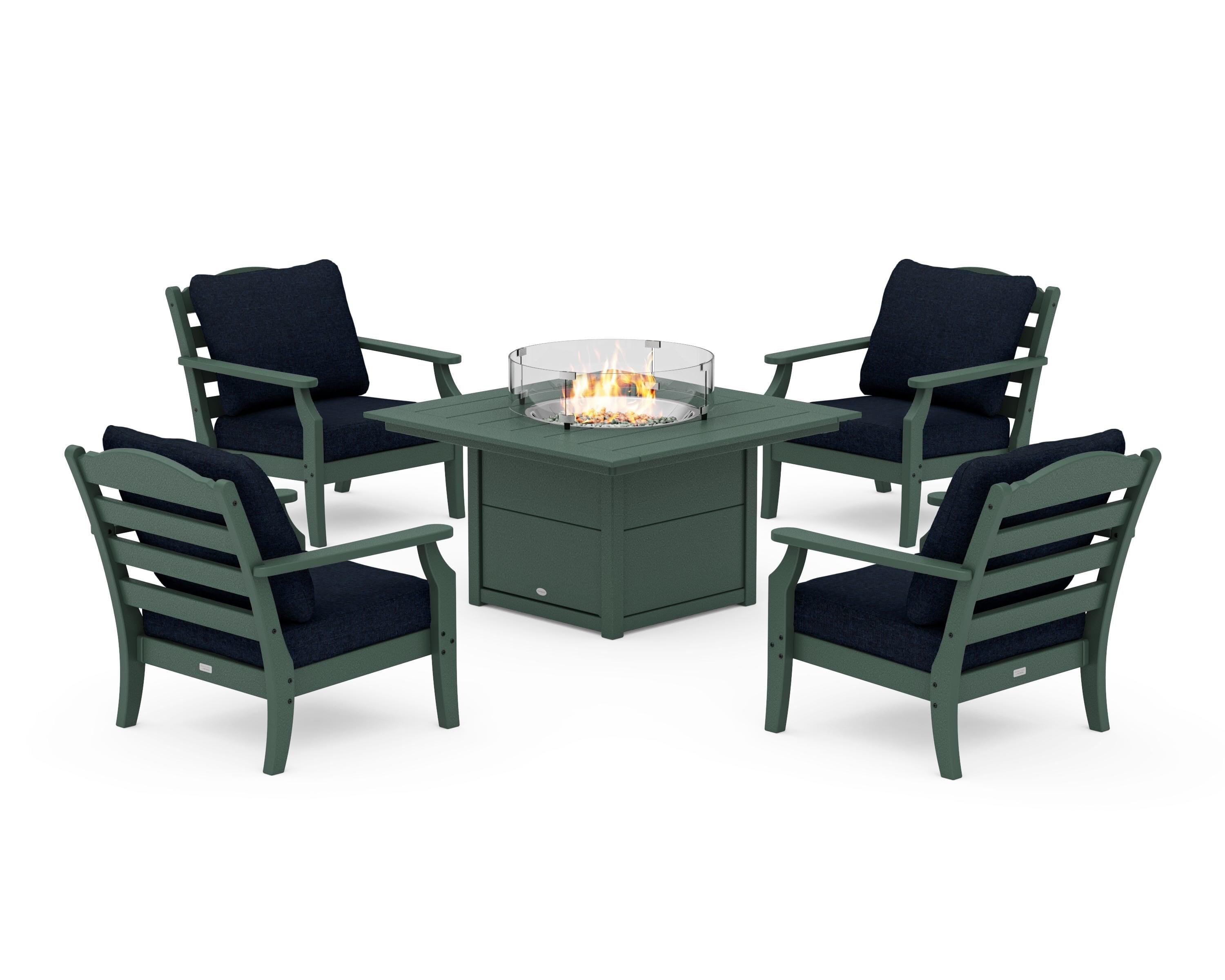 Draper James™ by  POLYWOOD® Savannah 5-Piece Deep Seating Set with Fire Pit Table in Green / Marine Indigo