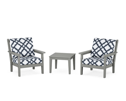 POLYWOOD® Chippendale 3-Piece Deep Seating Set in Slate Grey / Trellis Marine Indigo