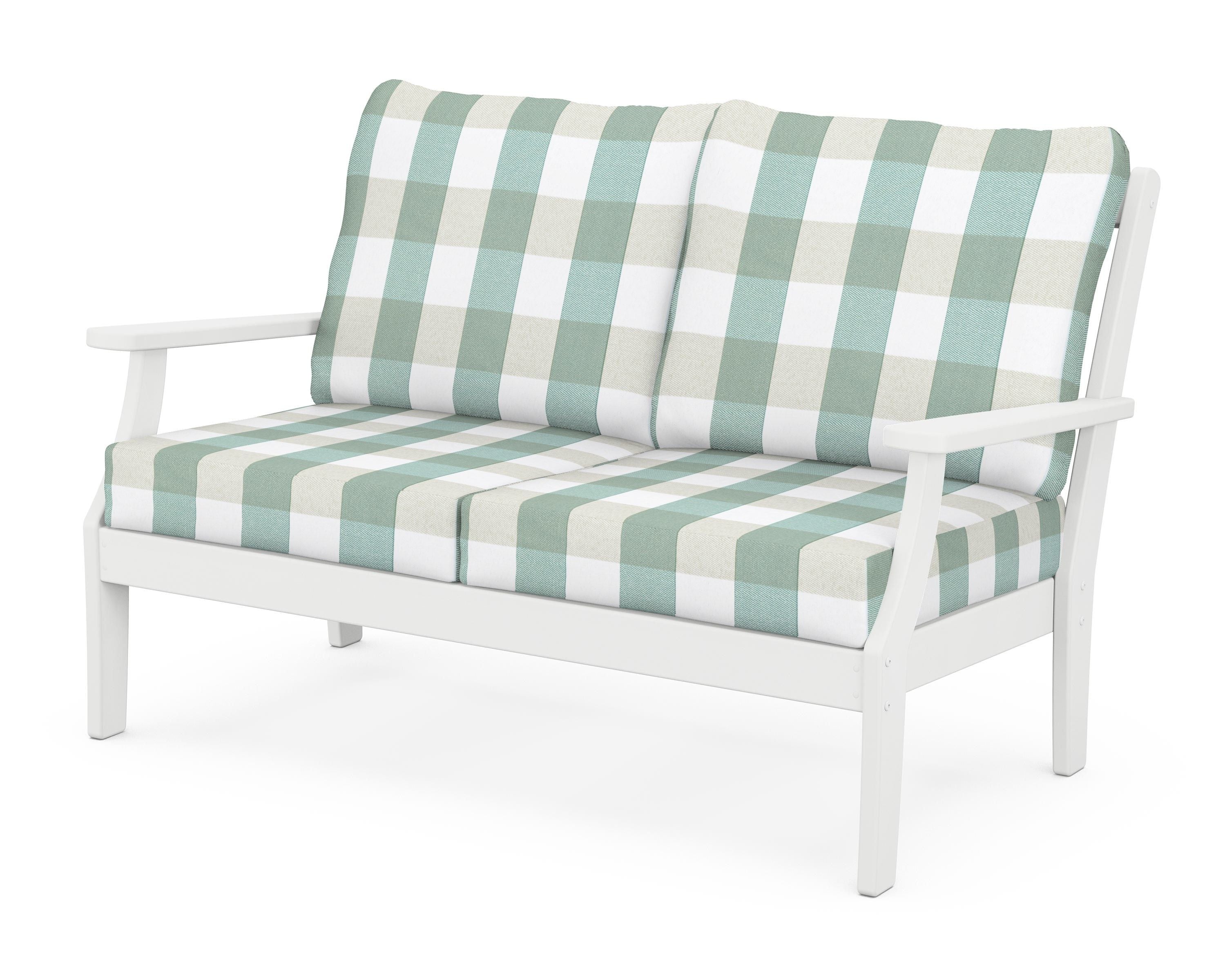 POLYWOOD® Braxton Deep Seating Loveseat in White / Buffalo Plaid Glacier Spa