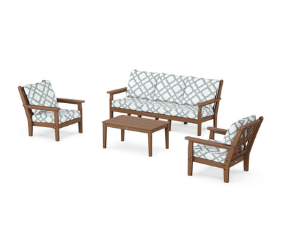 POLYWOOD® Chippendale 4-Piece Deep Seating Set with Sofa in Teak / Trellis Glacier Spa