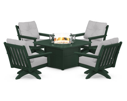 POLYWOOD® Vineyard 5-Piece Deep Seating Swivel Conversation Set with Fire Pit Table in Green / Granite