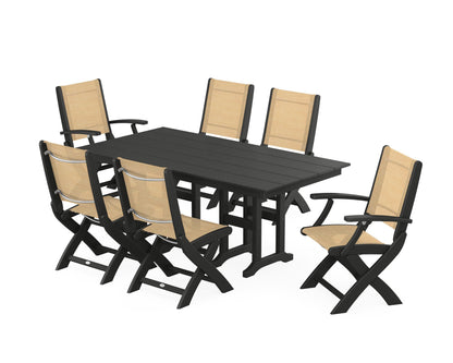 POLYWOOD® Coastal Folding Chair 7-Piece Farmhouse Dining Set in Black / Dupioni Apricot Sling