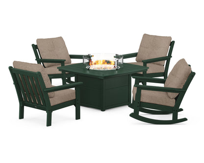 POLYWOOD® Vineyard 5-Piece Deep Seating Rocking Chair Conversation Set with Fire Pit Table in Green / Spiced Burlap