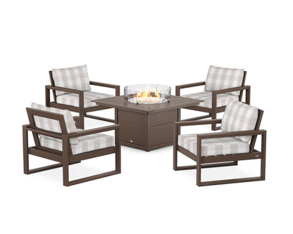 POLYWOOD® EDGE Sectional 5-Piece Deep Seating Set with Fire Pit Table in Mahogany / Buffalo Plaid Dune Burlap